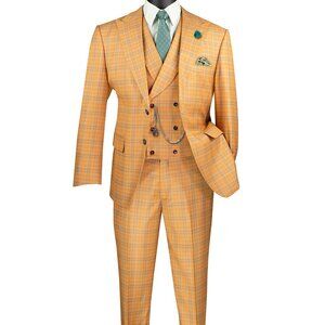 Luxurious Men's Modern-Fit, 3-Piece Windowpane Suit with Stretch Fabric-Orange